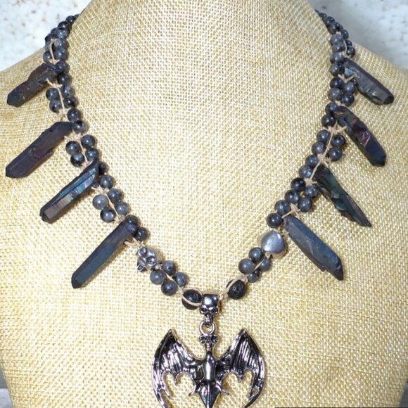 NEW Handmade Vampire Bat Necklace with Grey Quartz Spikes and Gemstones. - Picture 1 of 7
